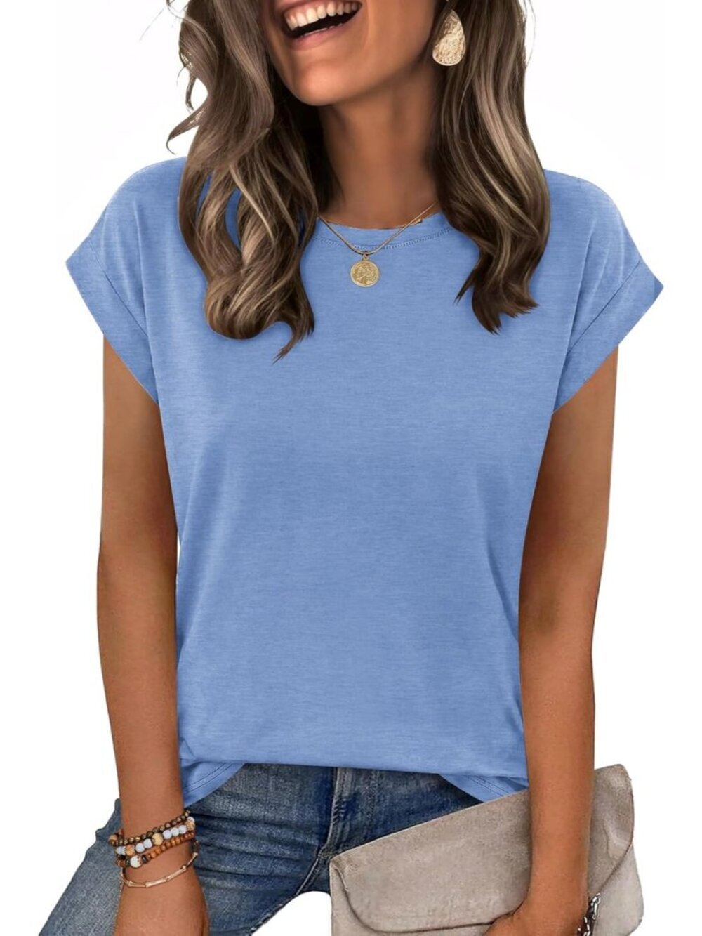 Women's Light Blue Casual Crew Neck Cap Sleeves Trendy Spring Fashion T Shirts